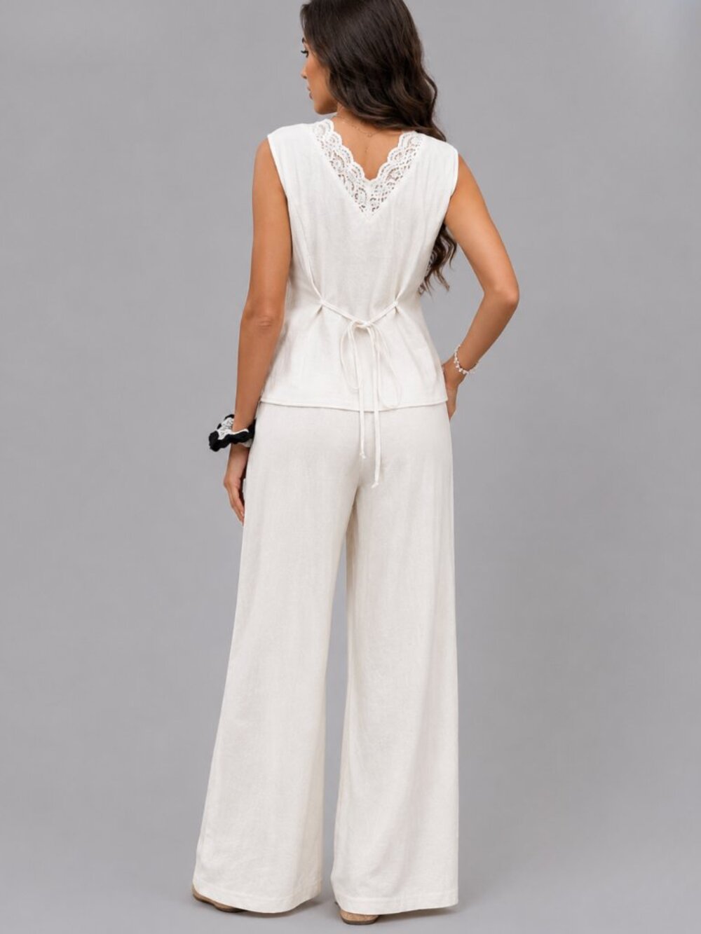 Women’s Frenchy Lace Trim Sleeveless Top Wide Leg Cotton Pants Set Chic - Picture 2 of 4